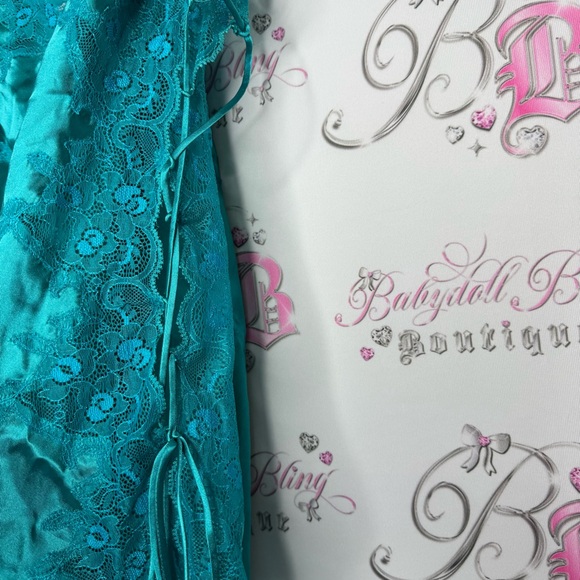 La senza dress babydoll lace corset tie up sides shimmer Teal Satin Chemise - Picture 15 of 15